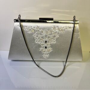 David's Bridal Silver Satin Embellished Sequins Clutch